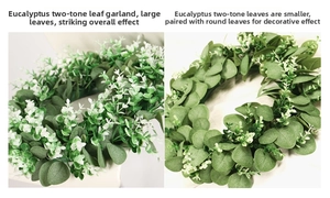 Detail of faux eucalyptus wreath leaves in large and small styles for home decor