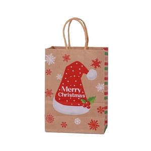 Brown kraft paper Christmas gift bag with festive Santa hat and snowflake patterns