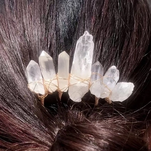 Handmade natural white crystal bridal hair crown with gold wire wrap for women