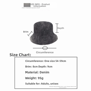 Size chart for washed denim bucket hat showing brim, depth, and circumference details