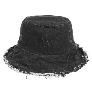 Vintage black distressed denim bucket hat with frayed edges on a clean white background