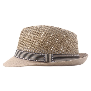 Breathable straw fedora hat with hollow weave and striped ribbon for summer sun protection