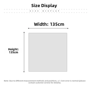 Size display for large square scarf, dimensions 135x135cm with measurement notice