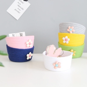 Woven Storage Basket Cotton Rope Round Sundries Box With Flower Decor Desktop Entryway Organizer Ins Style Nordic