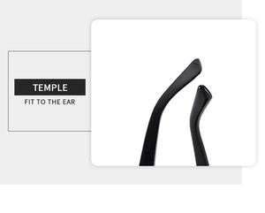 Detail of ergonomic glossy black square sunglasses temple with fit-to-ear curve design
