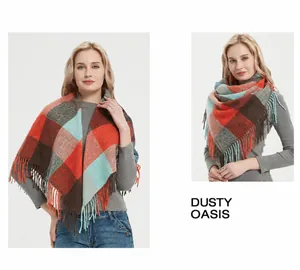 Close-up of multicolor plaid scarf with long tassels showing fabric texture and details