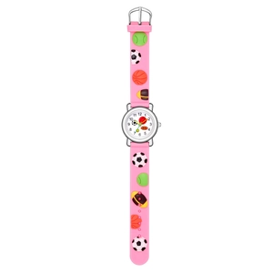 Macro detail of pink kids watch with 3D embossed sports balls on silicone strap