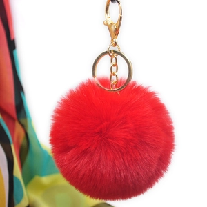 Red 8cm faux rabbit fur pompom keychain with gold lobster clasp for bags and cars