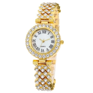 Luxury gold women's quartz watch with sparkling crystal encrusted bezel and white Roman dial