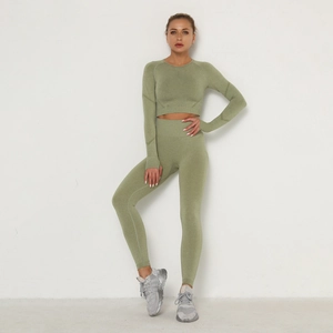 Detailed knit texture of seamless high waist yoga leggings and long sleeve crop top