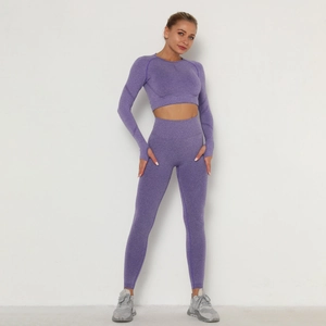 Detail view of heather purple seamless yoga set with high waist leggings and crop top