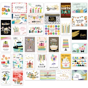 Set of 36 unique minimalist birthday greeting cards with colorful assorted designs
