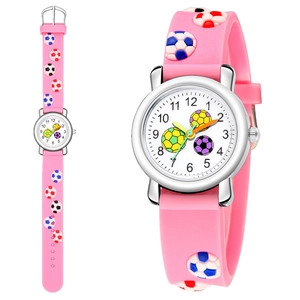 Detailed close-up of pink kid watch with 3D soccer relief strap and colorful dial markers