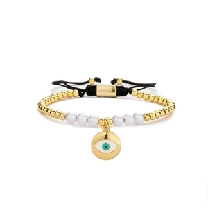 Adjustable evil eye beaded bracelet with gold accents and elegant white pearls