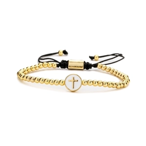 Adjustable black cord bracelet with gold cross bead and micro-inlaid zircon detail