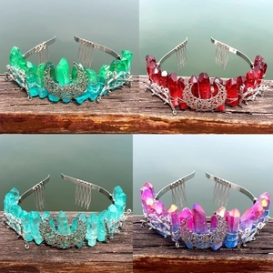 Natural crystal rainbow crowns with silver crescent moon and branch decorations in four colors