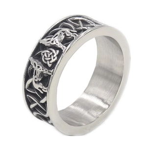 Nordic Viking wolf and Celtic knot engraved wide band stainless steel ring
