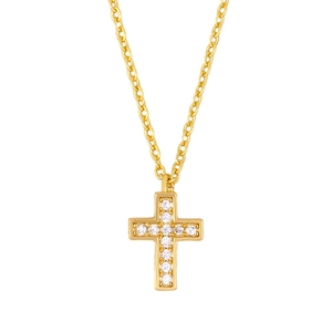 Minimalist gold cross pendant necklace with sparkling white crystals for a stylish look