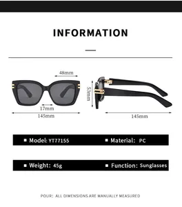 Detailed size chart for square frame sunglasses with precise lens and frame dimensions