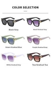 Square oversized sunglasses detail showing 6 diverse color frames with gold metal accents