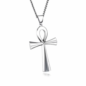 Close-up of silver Ankh cross pendant with polished finish and delicate metal chain