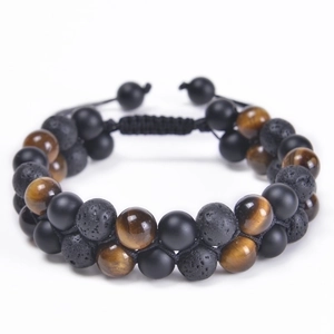 Pulsera de doble capa de piedras naturales ojo de tigre y lava de 8mm ajustable