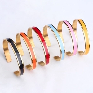 Set of 6 colorful enamel cuff bracelets in polished gold stainless steel plating