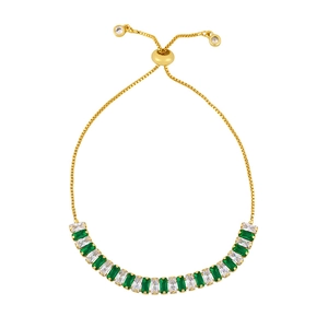 Adjustable 18K gold-plated bracelet featuring green and white baguette-cut crystals