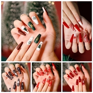 Christmas Press On Nails Long Coffin Almond Shape Artificial Fake Nails Snowflake Reindeer Santa Pattern Festive Manicure For Women