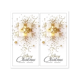 Gold and white Merry Christmas stickers with snowflakes and gift box for gift packaging