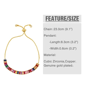 Detail view of colorful cubic zirconia tennis bracelet with gold plating and adjustable chain