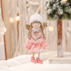 Pink Christmas angel hanging ornament with lace dress and golden sequin wings on tree