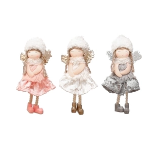 Set of 3 plush Christmas angel dolls with lace skirts in pink, white, and grey colors
