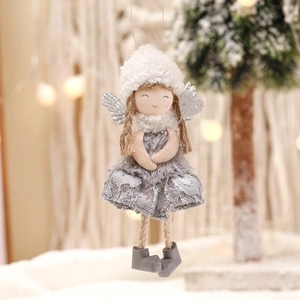Plush Christmas angel ornament with silver lace wings and grey dress for tree decor
