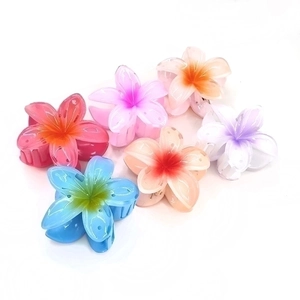 Set of 6 colorful Plumeria flower hair claws in vibrant gradient candy colors