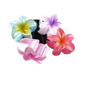 Set of four colorful gradient plumeria flower hair claws in resin material