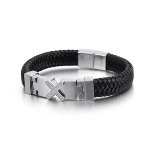 Braided leather bracelet for men with steel magnetic clasp and cross zircon inlay
