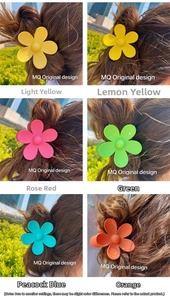 Detailed grid of matte flower hair claws in six vibrant colors worn in various hairstyles