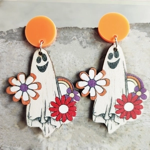 Halloween ghost wooden drop earrings with floral pumpkin patterns and rainbow details