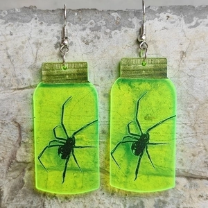Fluorescent green acrylic ghost jar earrings with spider design for Halloween style