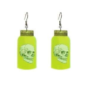 Halloween neon green skull bottle earrings made of acrylic for spooky costume parties