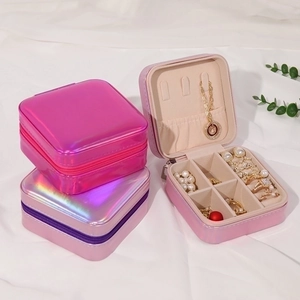 Portable square faux leather jewelry organizer with zipper in purple and rose colors