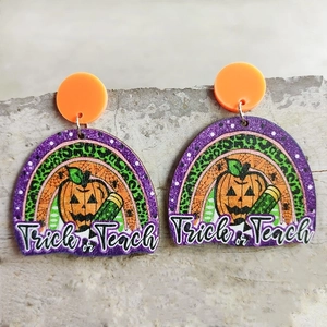 Trick or Teach Halloween earrings with pumpkin, pencil, and leopard rainbow motifs