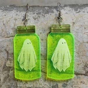 Halloween Jar Drop Earrings Acrylic With Iron Hook Fluorescent Green Ghost Spider Skull Gothic Punk Style Jewelry