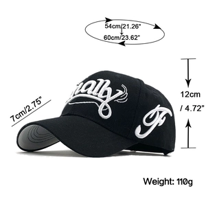 Detailed size guide for black cotton baseball cap with embroidered letters and dimensions