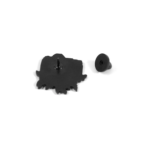Back view of black enamel pin with metal needle and secure rubber clutch fastening