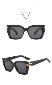 Front and side view of square black sunglasses with gold metal accents and gray lenses