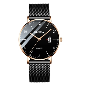 Slim quartz watch for men with black dial, rose gold case and stainless steel mesh band