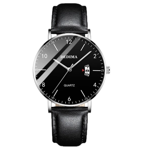 Slim men's quartz watch with black leather strap and date display on a large dial