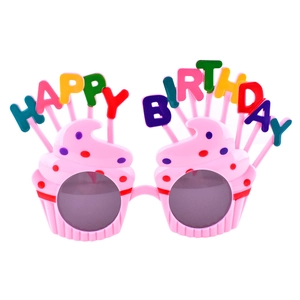 Pink cupcake birthday party glasses with Happy Birthday text for kids and adults